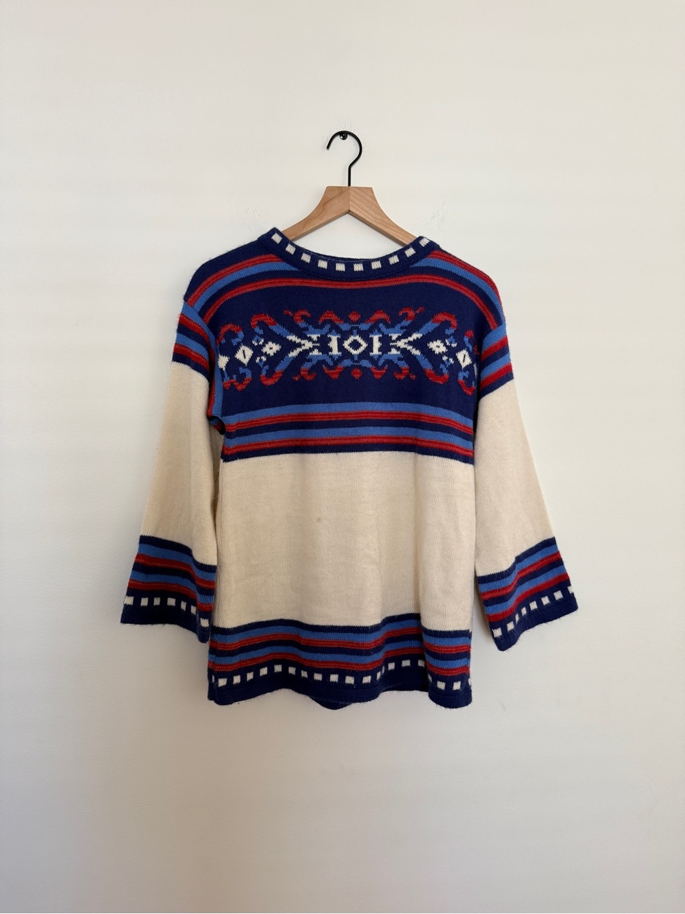 Vintage Cream Fair Isle Knit Sweater with Navy & Red Accents